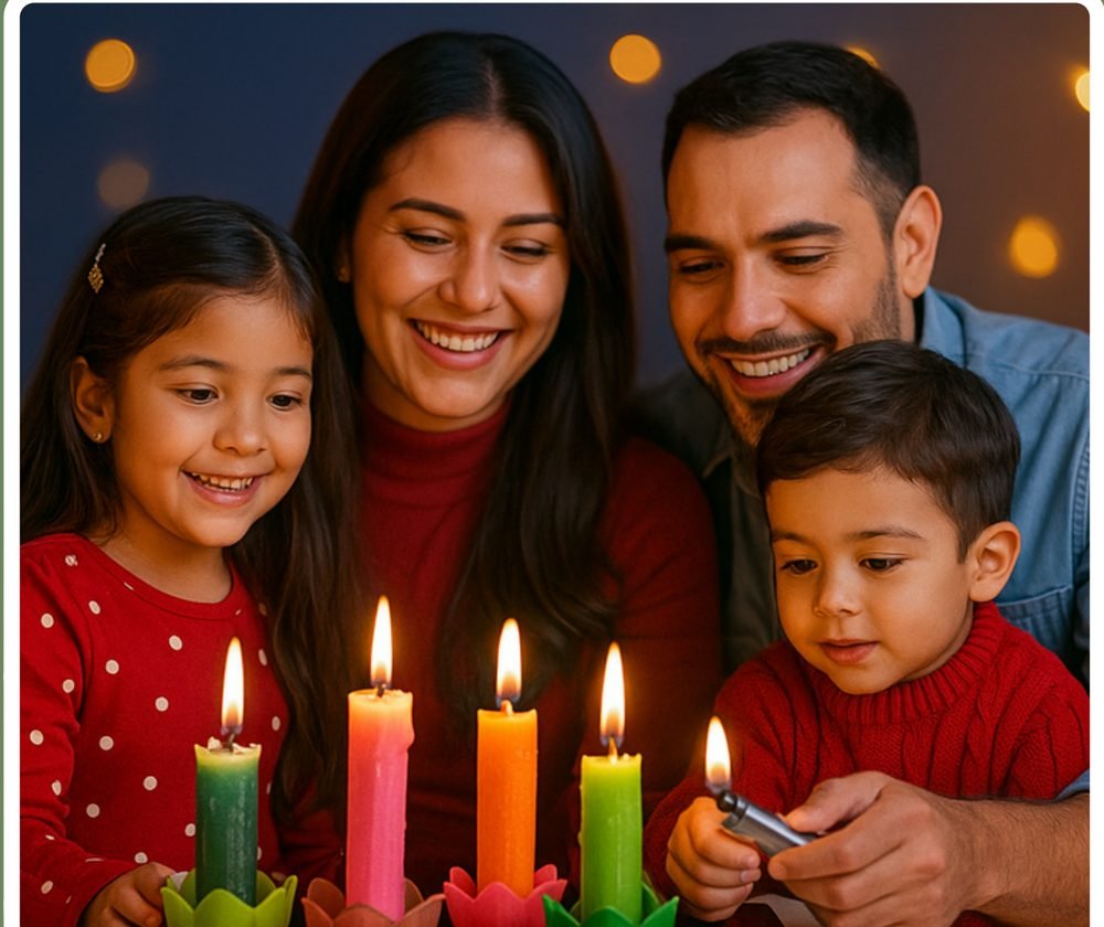 Familia encendiendo velas navideñas Velance