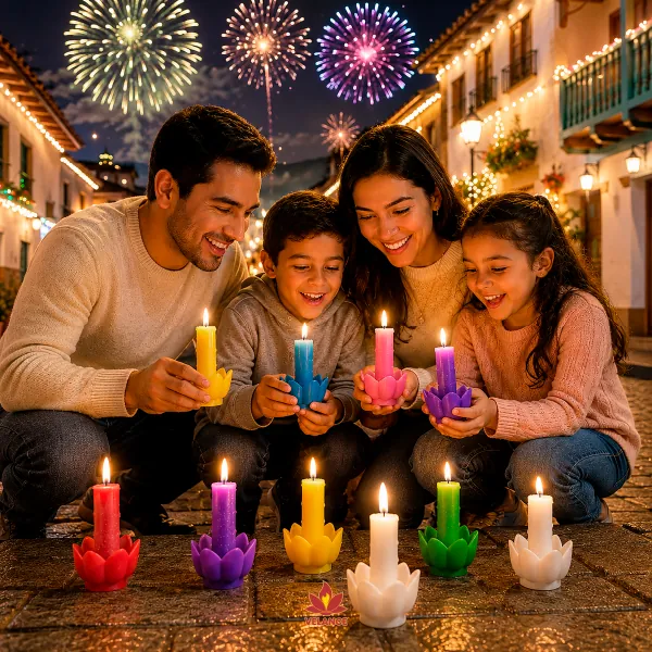 Familia encendiendo velas de colores en la calle, Navidad Velance